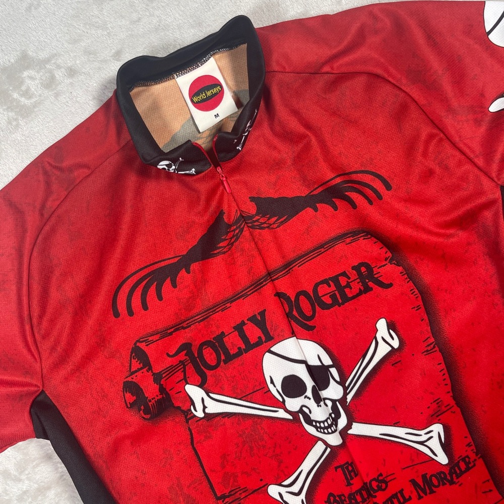 World Jerseys Cycling Jersey Jolly Roger Pirate Mens Medium Red Skull Graphic